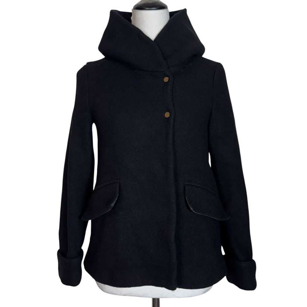 ZARA Wool Blend Hooded Coat Jacket Size XS Black Oversized Whimsigoth Minimalist